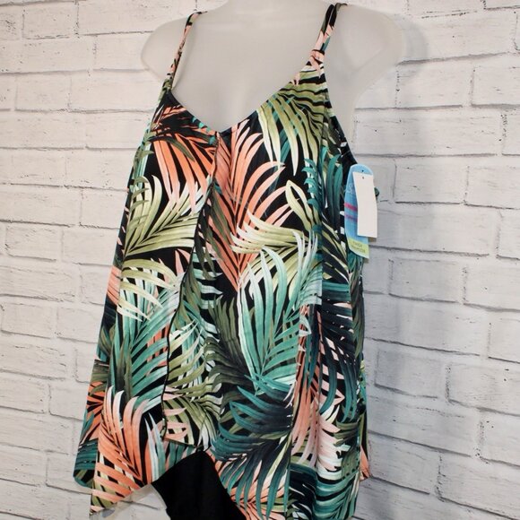 Swim Solutions Slimming Green Tropical Palm One Piece Swim Dress Plus Size 22W - Picture 3 of 6